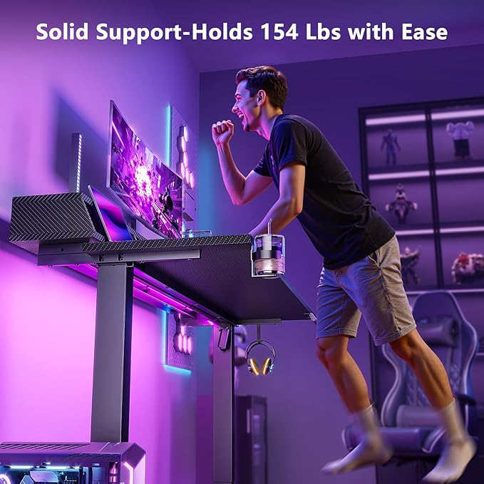 OffiGo Gaming Standing Desk with LED Light, 55 Inch Electric Height Adjustable Table with Power Outlet & Monitor Stand, Sit Stand Computer Workstation for Home, Bedroom, Black