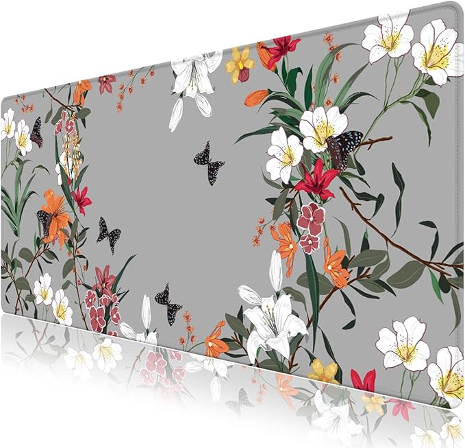 Desk Pad for Keyboard and Mouse, Large Mouse Pad for Desk, Non-Slip Keyboard Mat, Computer Mats for Desk, Desk Pad with Stitched Edges for Office, Gaming I Gray Wild Grass Flowers
