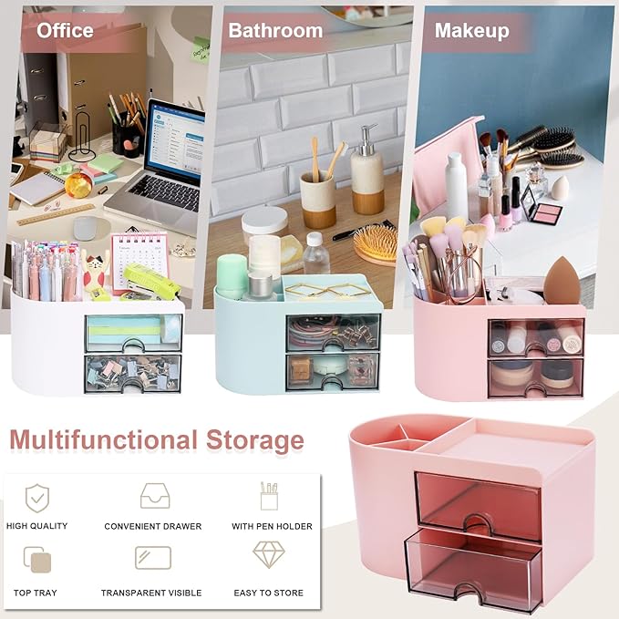Desk Organizer with Drawer, Pen Organizer for Desk, Small Pencil Holder, Desk Organizers and Accessories for Office Home Storage (2 Drawers+4 Compartments, Pink)