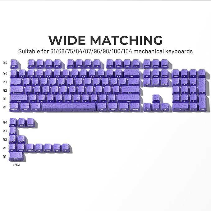 HITIME XVX Shine Through Keycaps w/IMD Tech, Custom Topographic Keycaps 60 75 100 Percent, Purple Key Cap Set 118 Keys Lines Backlit, OEM Profile Side Printed for Keyboards