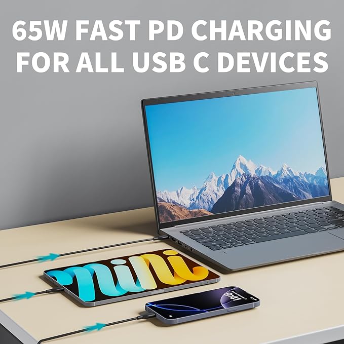 65W USB C Laptop Charger for Home, Office & Travel, Type C Adapter Compatible with MacBook Air/Pro, Dell XPS/Latitude, Lenovo ThinkPad, HP Spectre/Envy, Huawei MateBook and More