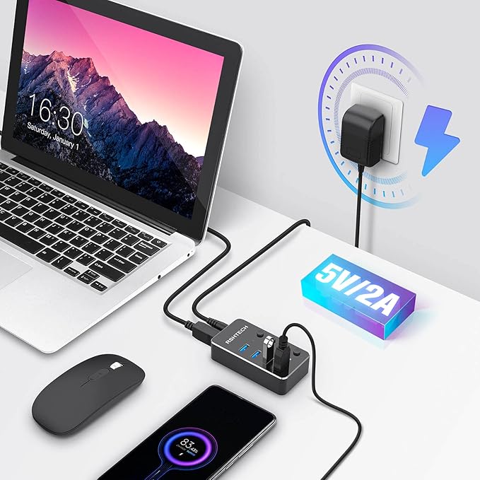 RSHTECH 4 Port Powered USB 3.0/USB C Hub Upgraded Version with 2-in-1 3.3ft USB Cable,5V Power Adapter and Individual Switches, Portable Aluminum USB Splitter for Laptop and PC, RSH-ST04