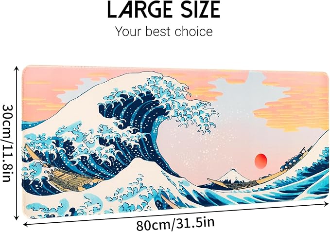 Japanese Mouse Pad,Large Gaming Mousepads for Desk, Summer Sea Wave Keyboard Pad,Non-Slip Rubber Base Mouse Mat for School,Office,Home 31.5 x 11.8 Inch