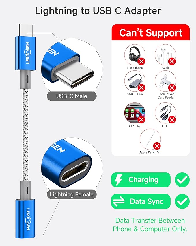 2 Pack Lightning to USB C Adapter, Fast Charging & Data Sync Adapter for iPhone 17 16 15 Pro Max Plus to USB-C, Compatible with Samsung S25/S24/S23, Not for Audio/OTG