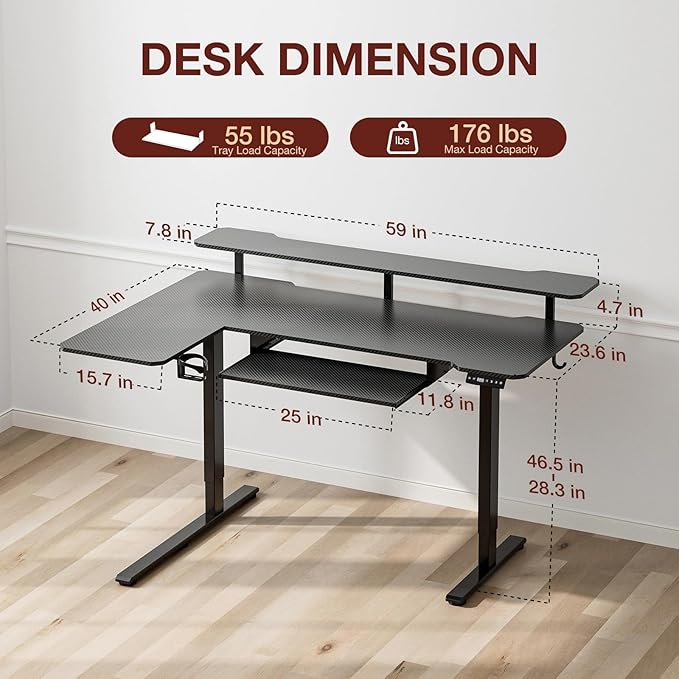 59 Inch L Shaped Standing Desk with Shelves and Keyboard, Electric Corner Standing Desk Adjustable Height, Sit Stand Computer Table with Reversiable Splice Board,Black Carbon Top