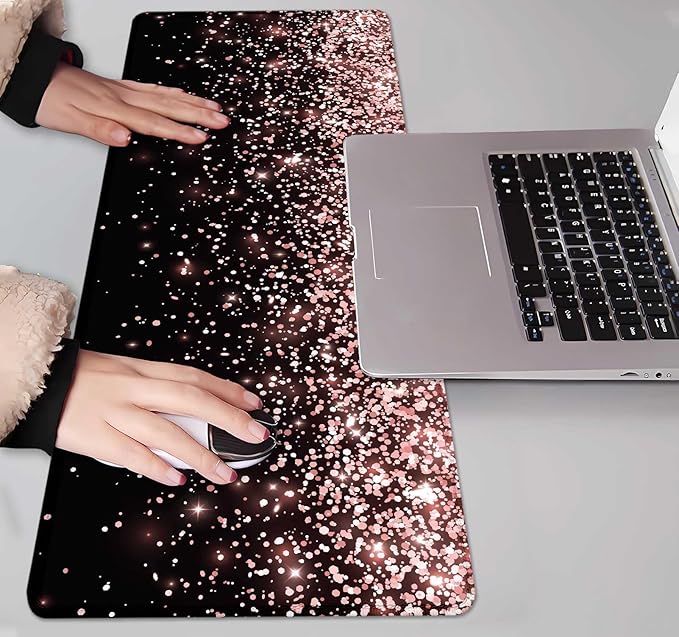 IMAYONDIA Gaming Mouse Pad, Large Non-Slip Rubber Base Mousepad with Stitched Edges, Keyboard Mouse Mat Desk Pad for Work, Game, Office, 31.5x11.8 Inch - Rose Gold Black Glitter Luxury