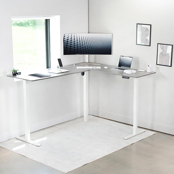 VIVO Corner Standing Desk, 75 x 63 inch Reversible L-Shaped Workstation, Electric Height Adjustment, Home, Office, and Reception Rooms, Dark Gray Table Top White Frame, DESK-E3CTWG-75