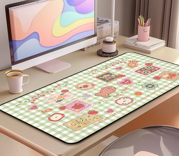Mouse Pad Cute, Green White Checkered Desk Pad, Retro Gaming Desk Mats, Large Mousepad Laptop Keyboard Mouse Mat, Funny Food Girls Office Desktop Decor Accessories, for Women 31.5"X15.7"