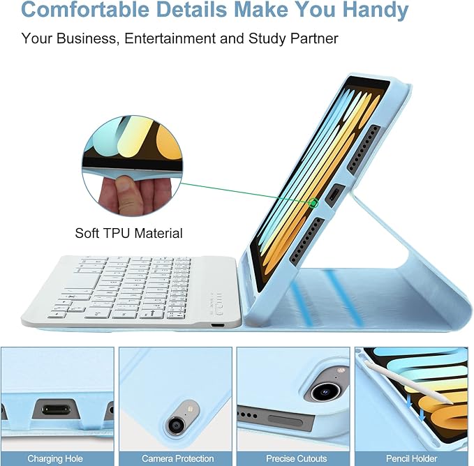 BORIYUAN Keyboard Case for iPad mini (A17 Pro) 7th Generation 2024 / iPad mini 6th Gen 8.3 Inch, Detachable Wireless Bluetooth Keyboard, Soft TPU Back Cover with Build-in Pencil Holder, Sky Blue