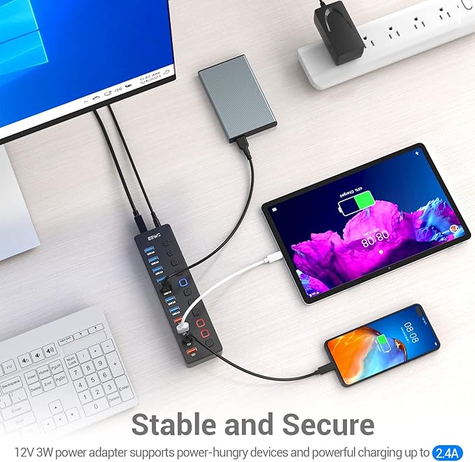11-Port USB 3.0 Splitter (7 Data Transfer Ports + 4 Smart Charging Ports), Powered USB Hub with Individual LED On/Off Switches and 12V/3A Power Adapter