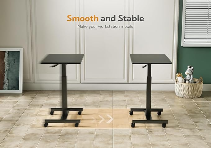 Claiks Mobile Standing Desk, Small Rolling Adjustable Desk with Wheels, Pneumatic Mobile Desks Workstation with Hook, Black