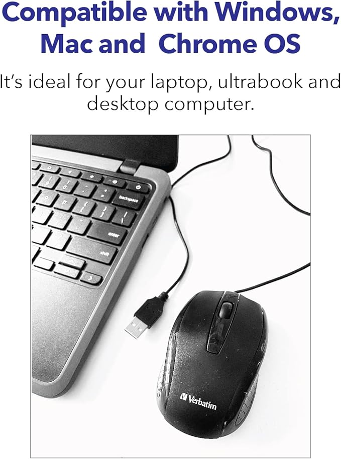 Verbatim Wired USB Computer Mouse - Corded USB Mouse for Laptops and PCs - Right or Left Hand Use, White 99740, 1.4" x 2.4" x 3.9"