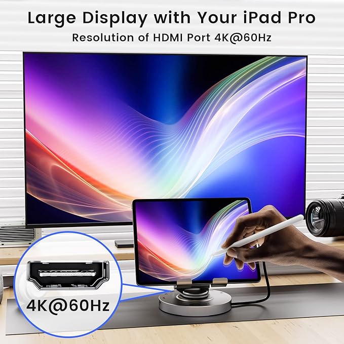 USB C Hub for Ipad Pro Docking Station, FOLODA 8-in-1 Rotatable Folding Type-C Tablet Stand with 4k HDMI, USB C 3.0 Data Port, 2*USB A 3.0, 100W PD Charging, 3.5mm Aux for Ipad Pro/Phone 15/Galaxy Tab