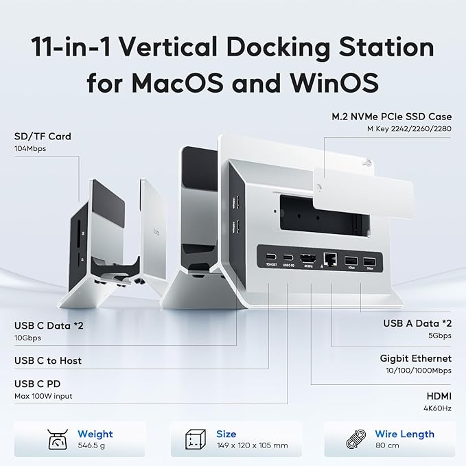 Vertical MacBook Docking Station, PULWTOP Docking Station for Mac mini with M.2 NVMe case for MacBook Pro/Air, 4K@60Hz HDMI, 2USB C 10Gbps, SD/TF, 100W PD, RJ45, 2 USB A for Windows Sliver
