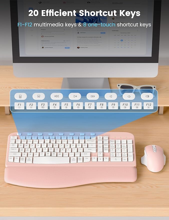 SABLUTE Wireless Keyboard and Mouse Combo, Ergonomic Wave Keys, Cushioned Plam Rest, Comfortable Silent Natural Typing, 2.4G Lag-Free, MA12 Full Size Keyboards Set for Multi-OS, Windows/Mac, Pink
