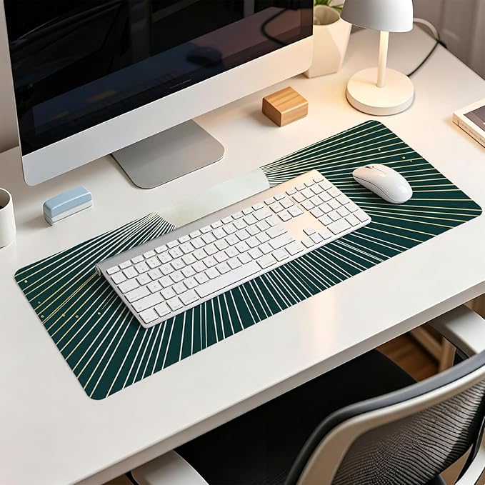 Boho Gold Sunburst Mouse Pad,XL Large Retro Minimalist Art Aesthetic Desk Mat,Dark Green Summer Sun Mousepad for Home Office Dorm Desktop Decor,31.5x11.8 Inch