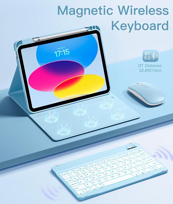 Hamile for iPad A16 Case with Keyboard - Mouse Backlit Wireless Detachable Keyboard Glitter Folio Cover with Pencil Holder for iPad 11th Gen A16 11-inch 2025 10th Generation 10.9 Inch 2022 - Sky Blue