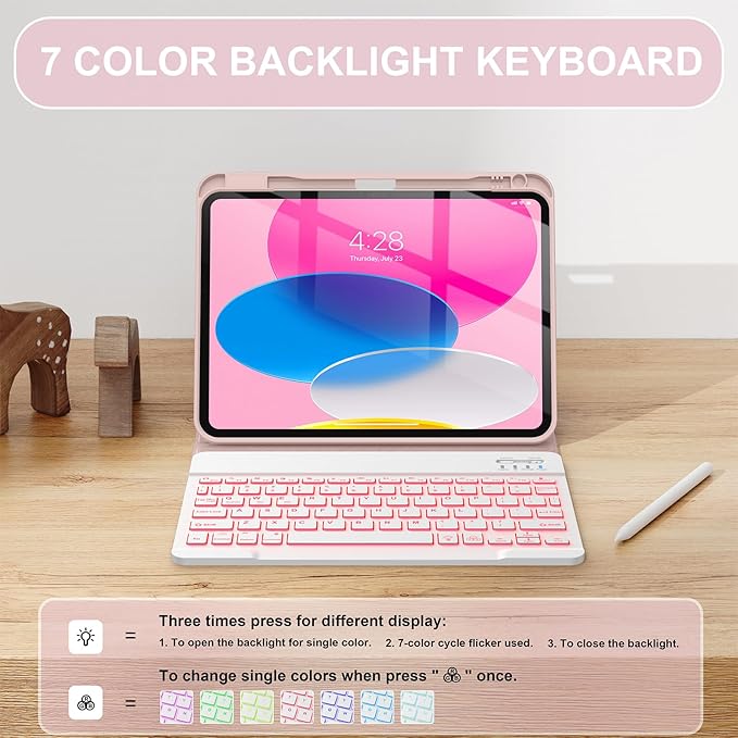 Soke for iPad (A16) 11th/10th Generation Case with Keyboard(2025/2022)-7 Color Backlight Wireless Detachable Folio Keyboard Cover with Built-in Pencil Holder for iPad 11/10.9 inch, Dreamy Marble