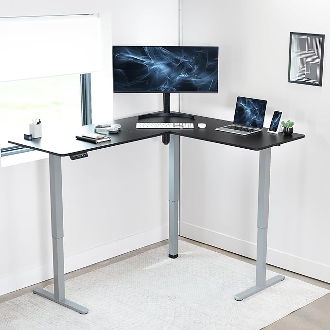 VIVO Corner Standing Desk, 63 x 55 inch Reversible L-Shaped Workstation, Electric Height Adjustment, Home, Office, and Reception Rooms, Black Table Top Gray Frame, DESK-E3CTGB