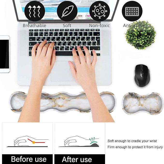 Keyboard Wrist Rest and Mouse Pad Wrist Support Set,Ergonomic Memory Foam Wrist Pad & Non Slip Base for Home Office Working Studying Easy Typing,White Gold Marble