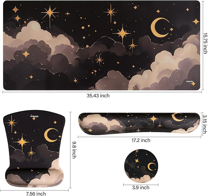 MOSISO Keyboard Mouse Pad Set, Large Gaming Mouse Pad&Keyboard Wrist Rest&Mouse Wrist Rest&Coaster, Ergonomic Non-Slip Dreamy Star Moon Mousepad with Raised Memory Foam for Home Office