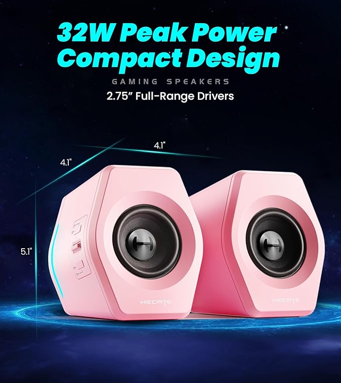 Edifier G2000 RGB Gaming Speakers, 32W Peak Power, Compact Design for PC/PS4/Desktop, Bluetooth 5.1, 3.5mm AUX, Game/Movie/Music Modes, 12 RGB Lighting Effects - Pink