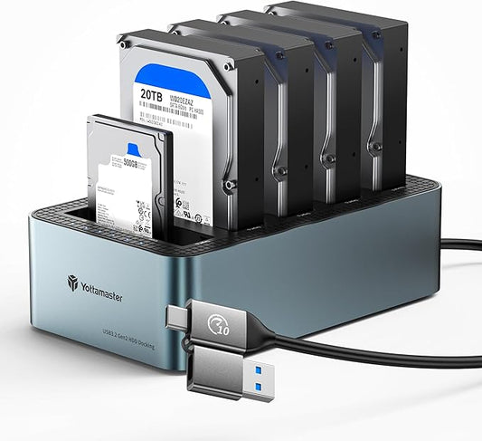 Yottamaster 5 Bay Hard Drive Docking Station Aluminum for 2.5''/3.5'' SATA SSD/HDD, USB 3.2 Gen1 Hard Drive Cloner Duplicator, Supports UASP and Up to 100TB (5x20TB) for 1-to-4 Offline Cloning (KB500)