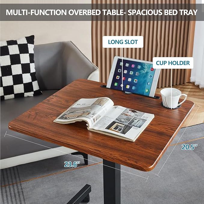Mobile Standing Desk,Height Adjustable Overbed Bedside Table with Wheels&Cup Holder,Hand Crank Sit Stand Desk and Laptop Cart,Computer Workstation for Home Office Classroom Hospital (Manual Walnut)