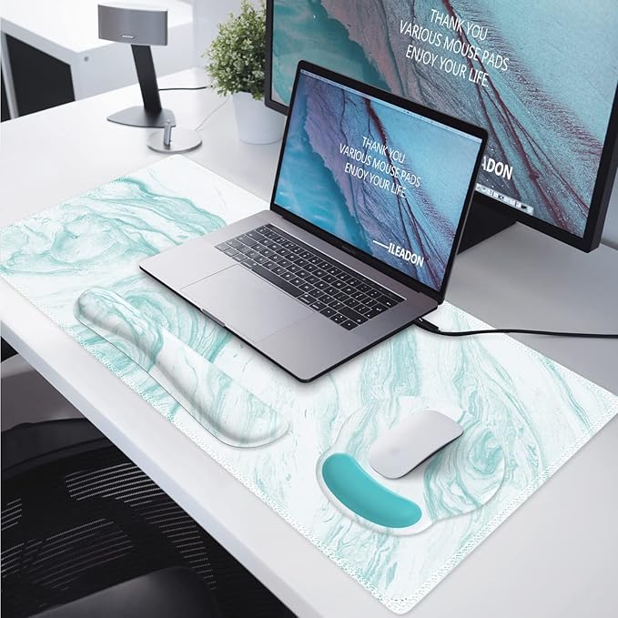 iLeadon Keyboard Mouse Pad Set, Large Gaming Mouse Pad + Keyboard Wrist Rest + Mouse Pad with Wrist Support + Coaster, Easy Typing Pain Relief, 4in1 Desk Mat Set for Home Office, Teal Turqoise Marble