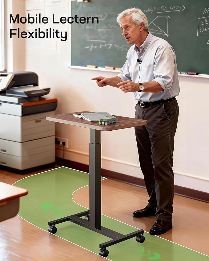 Marsail Mobile Standing Desk, Wider Height Adjustable Computer Desk, Rolling Sit Stand Desk with 4 Lockable Wheels, Desk for Home Office and Classroom, Walnut
