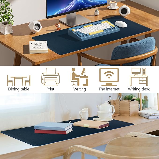 Dark Blue Leather Desk Mat Large Mouse Pad, Waterproof Desk Pad for Keyboard and Mouse, Non-Slip Computer Desk Protector, Smooth Mouse Movement Desk Mat for Home and Office(31.5"×15.7")