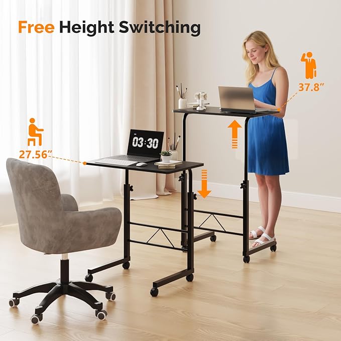FCH Computer Workstation, Standing Desk Adjustable Height, Small Computer Desk w/Rolling, Sit Stand Laptop Desk TV Tray Computer Workstation for Bed Sofa Hospital Reading Eating, 23.6", Black