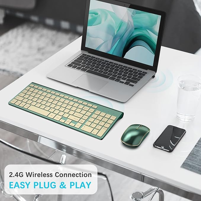 JOYACCESS Wireless Keyboard and Mouse Combo,2.4G Compact and Quiet Wireless Keyboard,Ergonomic and Portable Design for Computer, Windows,Desktop, PC, Laptop-Cangling Green