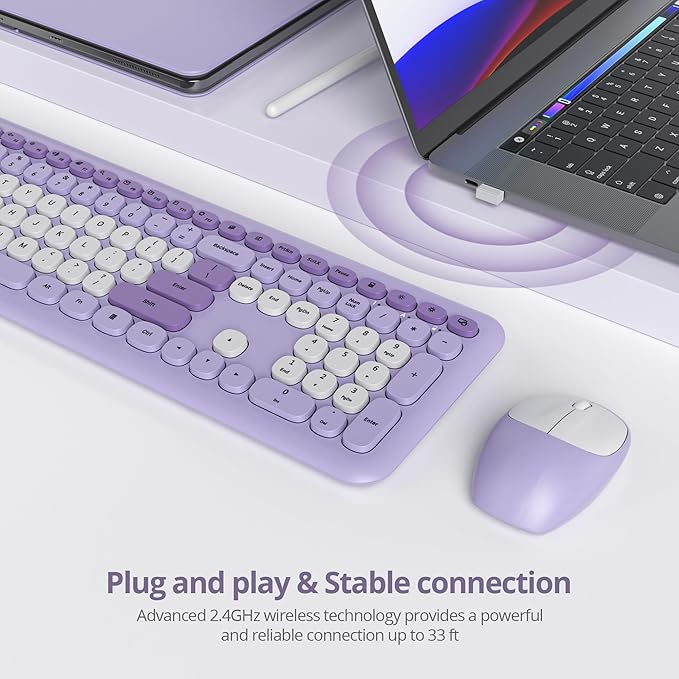 surmen Purple Keyboard and Mouse Wireless, Cute Wireless Typewriter, Full Size Slim Silent Round Keys Aesthetic Keyboard for Home and Office(Colorful Purple)