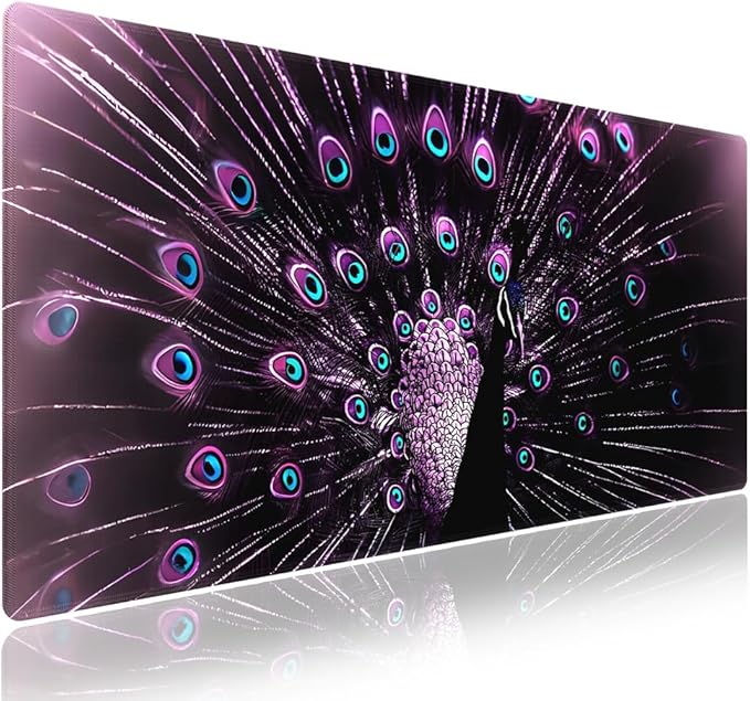 XXL Gaming Mouse Pad with Stitched Edges 31.5 x 11.8 Inches - Gorgeous Purple Black Peacock, Smooth Cloth Surface Natural Anti-Slip Rubber Base Large Desk Mat for PC Office/Home
