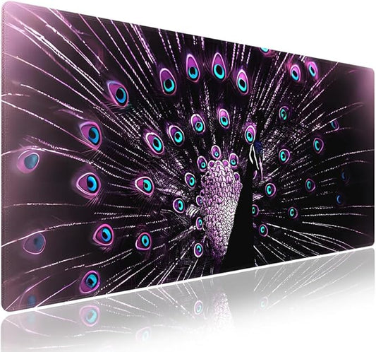 XXL Gaming Mouse Pad with Stitched Edges 31.5 x 11.8 Inches - Gorgeous Purple Black Peacock, Smooth Cloth Surface Natural Anti-Slip Rubber Base Large Desk Mat for PC Office/Home