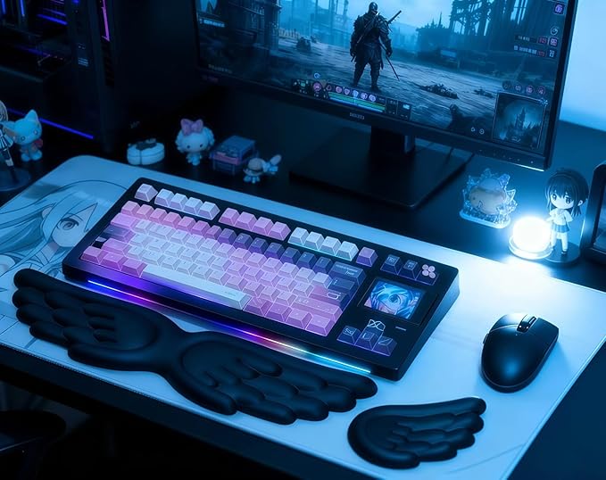Angel Wing Wrist Rest Ergonomic Memory Foam Wrist Rest for Computer Keyboard Mouse Set, Cute Gaming Keyboard Cushion Hand Support PU Leather Surface Anti-Slip Waterproof Dirt Resistant