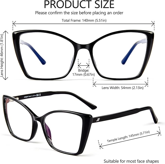 Blue Light Blocking Glasses for Women, Oversized Trendy Cat Eye Computer Gaming Glasses Anti Glare & UV Glare RF6204 (Black Cateye Frame)