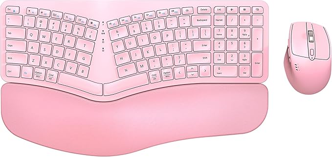 Ergonomic Wireless Keyboard Mouse Combo, EDJO Bluetooth/2.4G Dual Channel, Split Design, Soft Foam Palm Rest, 4 Level DPI Adjustable Wireless Mouse, Rechargeable, for Windows/Mac/Android(Pink)