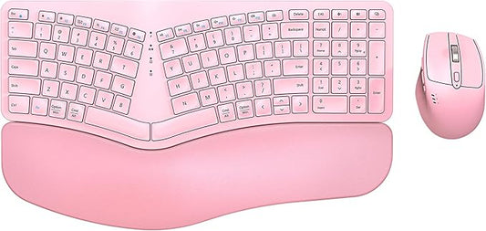 Ergonomic Wireless Keyboard Mouse Combo, EDJO Bluetooth/2.4G Dual Channel, Split Design, Soft Foam Palm Rest, 4 Level DPI Adjustable Wireless Mouse, Rechargeable, for Windows/Mac/Android(Pink)