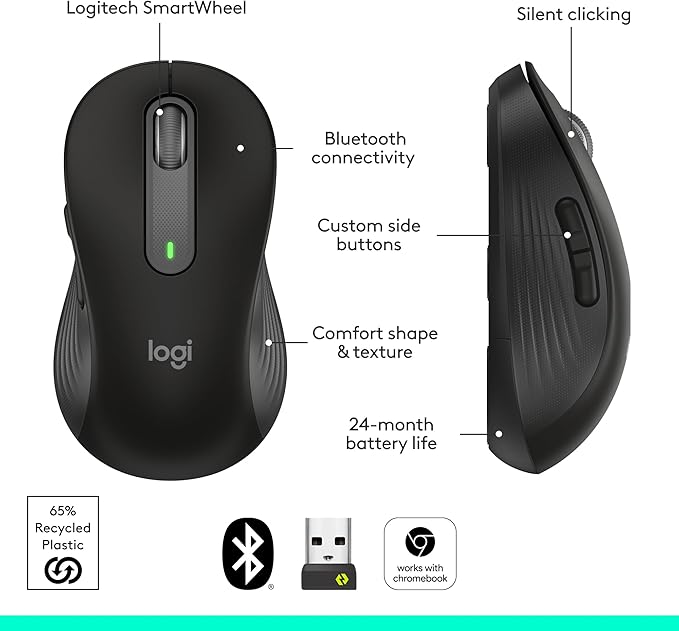 Logitech Signature M650 L Full Size Wireless Mouse - for Large Sized Hands, 2-Year Battery, Silent Clicks, Customizable Side Buttons, Bluetooth, for PC/Mac/Multi-Device/Chromebook - Black