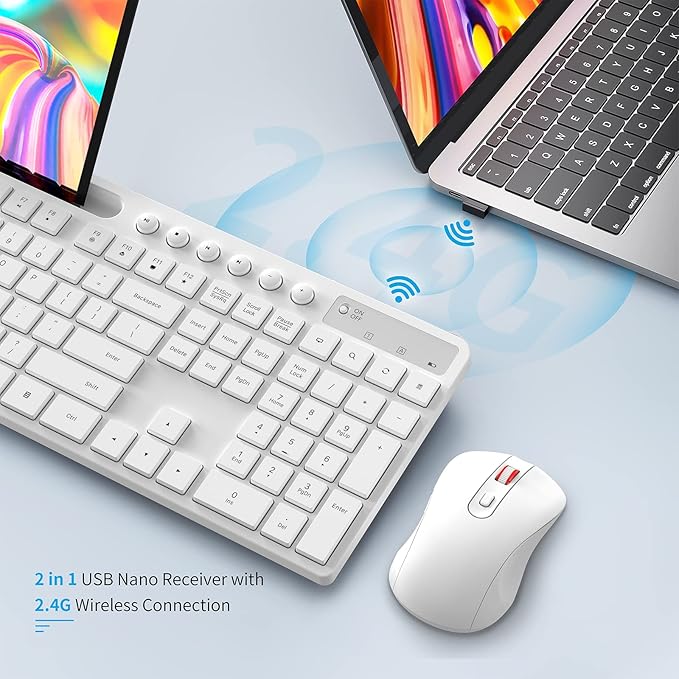 Wireless Keyboard and Mouse Combo, MARVO 2.4G Ergonomic Wireless Computer Keyboard with Phone Tablet Holder, Silent Mouse with 6 Button, Compatible with MacBook, Windows (White)