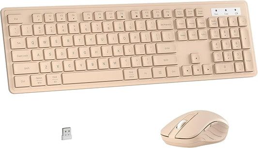 Wireless Keyboard and Mouse Combo, Full-Size 104-Key Office Keyboard with 15 Function Keys, Numeric Keypad, Single USB Receiver, Compatible with PC and Laptop(Milk-Tea Only)