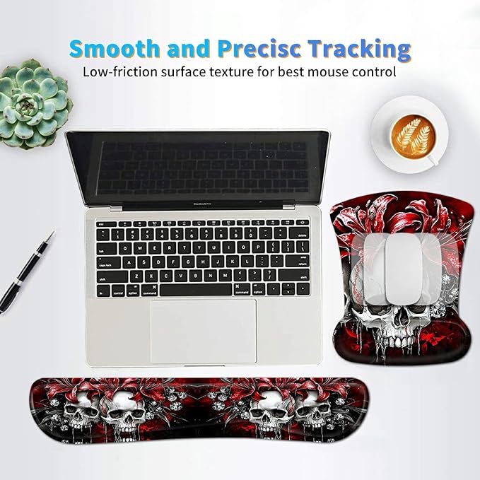 Ergonomic Mouse Pad with Wrist Support Gel Mousepads and Upgrade Keyboard Wrist Rest Pad Set, Coasters Non-Slip PU Base Mouse Mat for Office Gaming Computer Laptop Home, Red Flower Skull