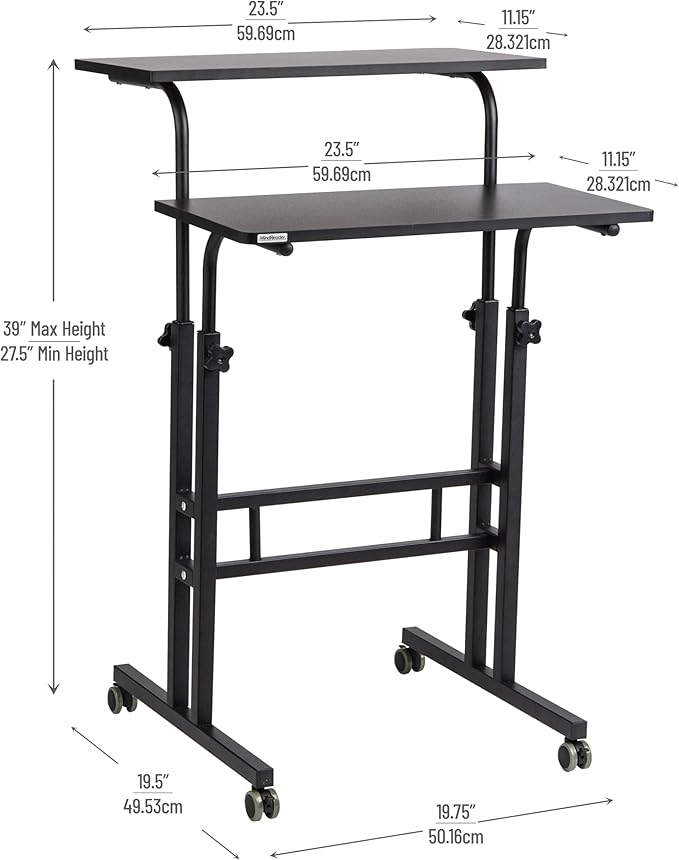 Mind Reader Standing Desk, Adjustable Height Laptop Workstation, Portable Rolling Desk on Wheels, Two-Tier Metal Frame, Black