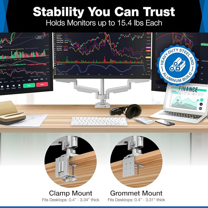 Mount-It! Triple Monitor Mount with Gas Spring Arms, Fits 24–32 Inch Screens, USB & Audio Ports, Full Motion Desk Stand with Tilt, Swivel & Rotation, Heavy Duty Silver 3 Screen Arm with Clamp