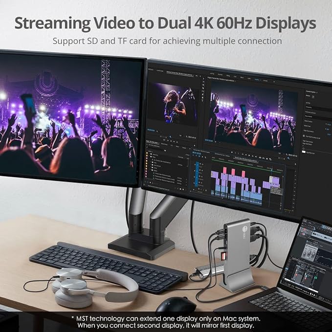 SIIG 4K USB-C MST Docking Station Dual 4K60Hz Display for Windows Laptops, Thunderbolt 3 Compatible, 60W PD, HDMI, Ethernet, SD/TF 3.0, USB 10G, Audio, Vertical/Horizontal Design (JU-DK0N11-S1)