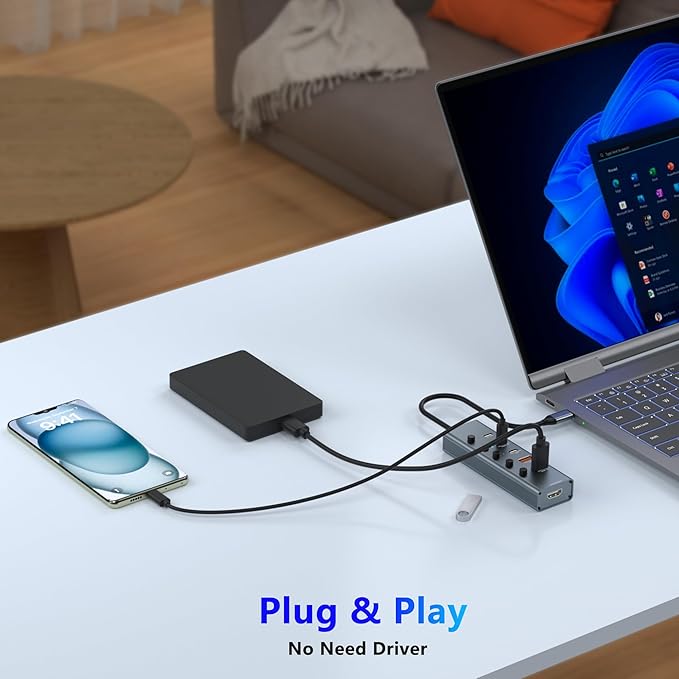 10Gbps USB C Hub Multiport Adapter, 6 Ports USB C Splitter with 4 USB 3.2 Gen 2 Ports, 4K@60Hz HDMI, 100W PD, Touch Switch, USBC to USB Hub for MacBook, iPad, HP, Dell (Not Support Type-C Monitor)