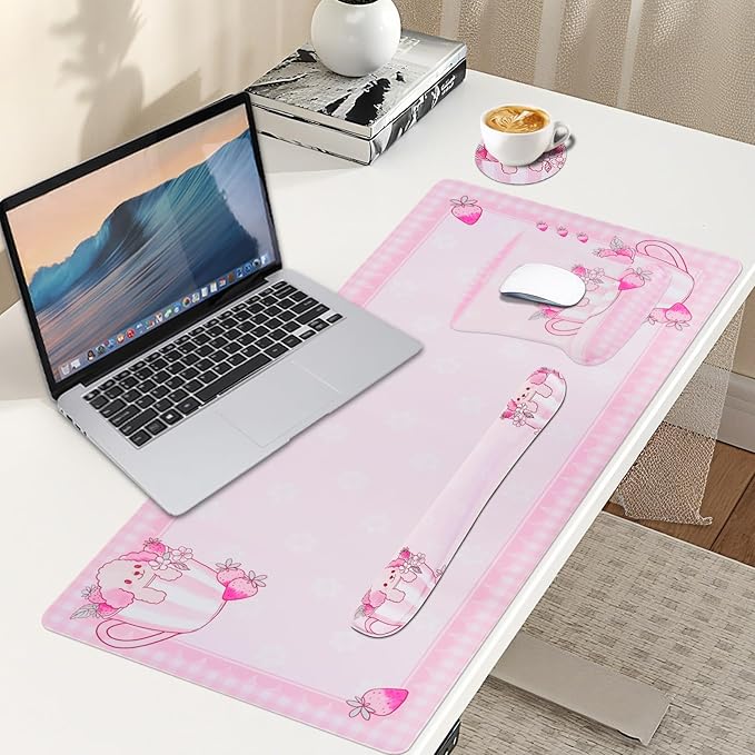 MEGREZ 4-in-1 Ergonomic Memory Foam Wrist Rest Set, Desk Pad, Mouse Pad with Wrist Rest, Keyboard Pad, Suitable for Office Workers, Programmers & Gamers–Relieve Typing & Gaming Fatigue, Pink