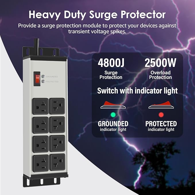 CCCEI Grey Heavy Duty Power Strip Surge Protector 20 AMP, 8 Outlets 12 Gauge Industrial Shop Garage Metal Multiple Outlets, 25 FT Extension Cord 5-15P Adapter High Amp 6-20R T-Slot 20a for Appliance